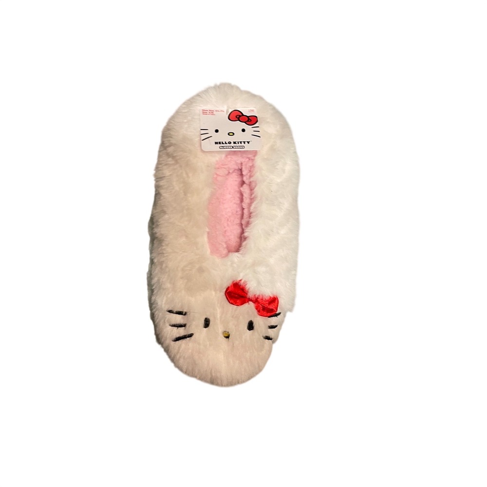 Hello Kitty Slipper Socks Faux Fur White Pink Red Bow Sanrio New Size SM 5.5-7.5